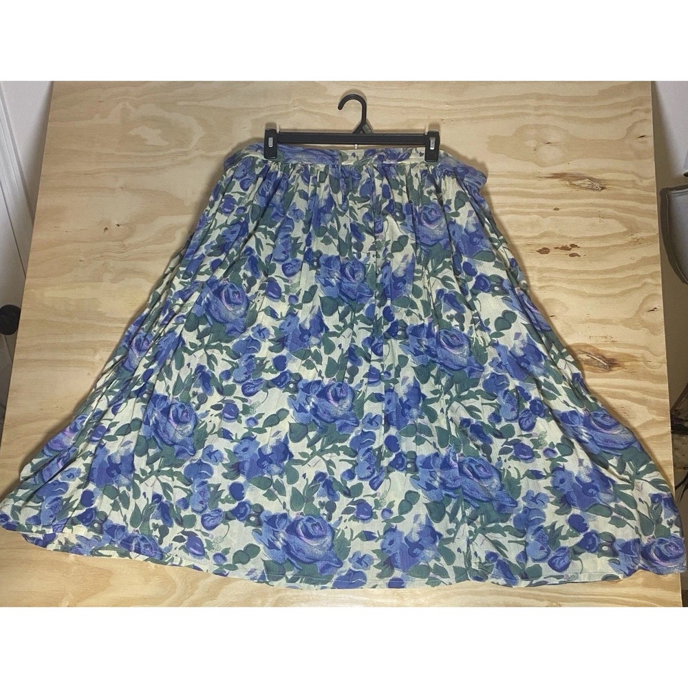 Vintage Orvis Maxi Skirt L Blue Purple Floral Cottagecore Boho Elastic Waist VTG